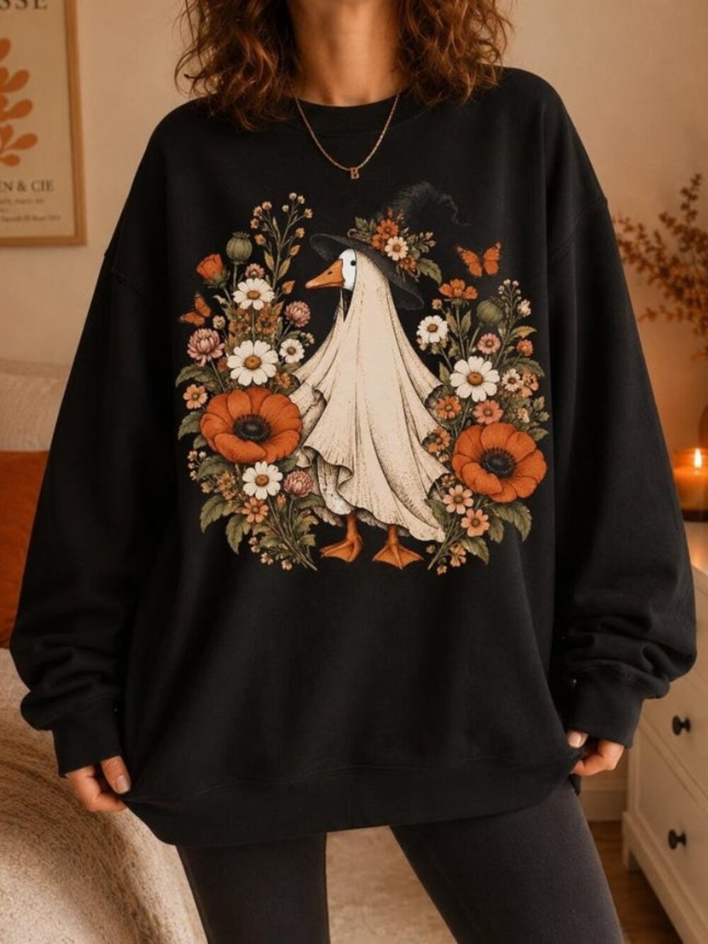 Halloween Goose Sweater, Vintage Floral Witchy Spooky Graphic